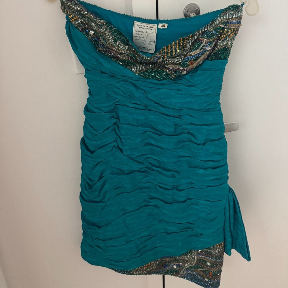 Teal Strapless Beaded Ruched Cocktail Dress